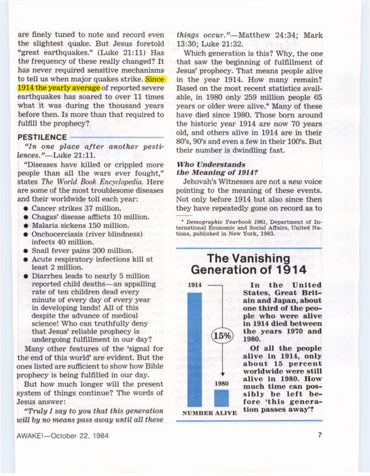 Awake!, October 22, 1984, p. 7. Documented at [jwfacts.com](https://jwfacts.com/watchtower/earthquakes.php)