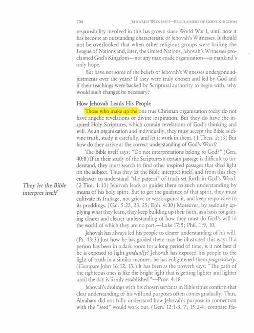 Jehovah's Witnesses Proclaimers of God's Kingdom (Watch Tower Bible and Tract Society, 1993), p. 708 ("do not have angelic revelations or divine inspiration")