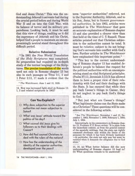The Watchtower, May 1, 1996, "God and Caesar."