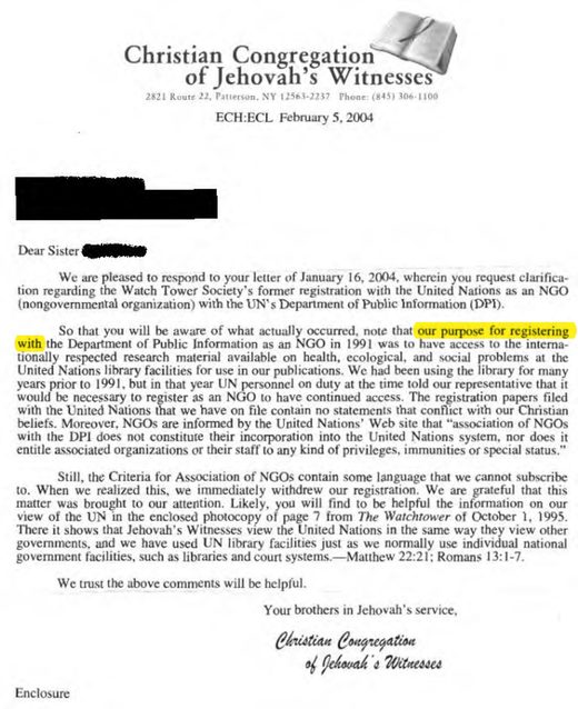 Watchtower Society letter (Aug. 29, 2002): "Our purpose for registering with the Department of Public Information as an NGO in 1991 was to have access to research material available on health, ecological, and social problems at the United Nations library facilities," quoted in "The Watchtower and the United Nations," 4Jehovah.org