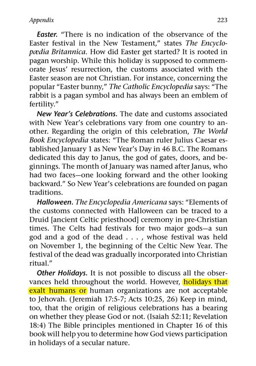 What Does the Bible Really Teach? (2005), Appendix, "Should We Celebrate Holidays?," pp. 222–223