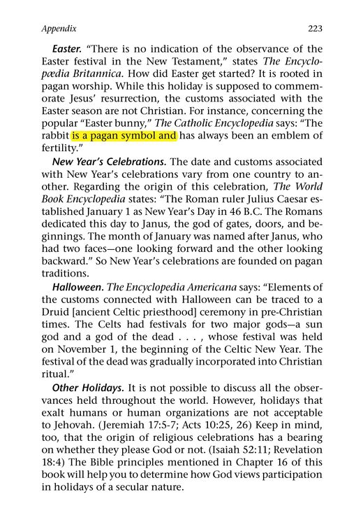 What Does the Bible Really Teach? (2005), Appendix, "Should We Celebrate Holidays?," pp. 222–223
