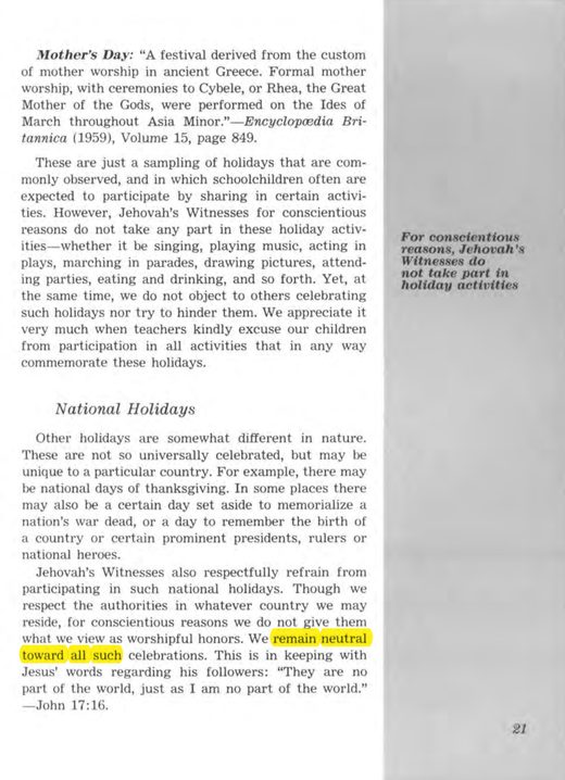 "Why Don't Jehovah's Witnesses Celebrate Certain Holidays?" and "Flag Salute, Anthems and Voting," jw.org