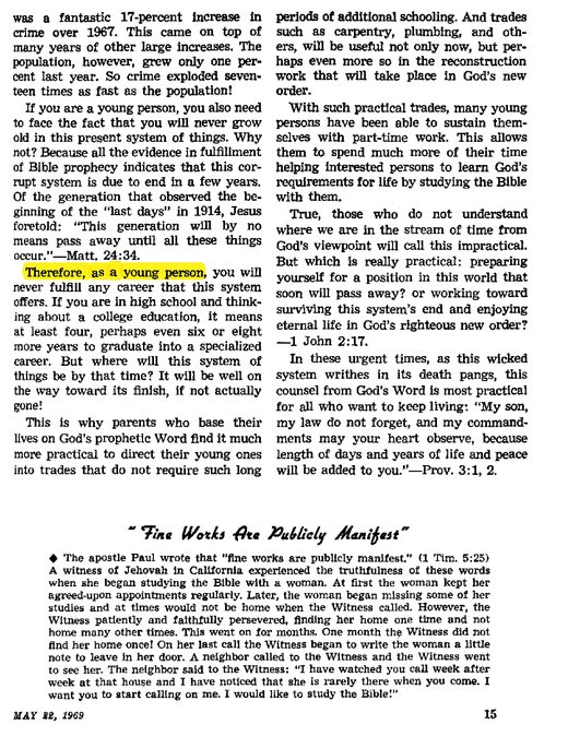 Awake!, May 22, 1969, p. 15, "What Future for the Young?"