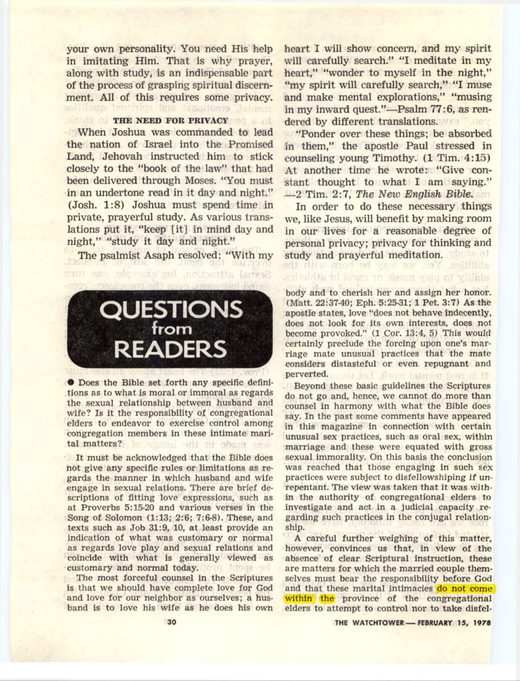 "Questions From Readers," The Watchtower, February 15, 1978, pp. 30-32 "these are matters for which the married couple themselves must bear the responsibility before God... do not come within the province of the congregational elders."