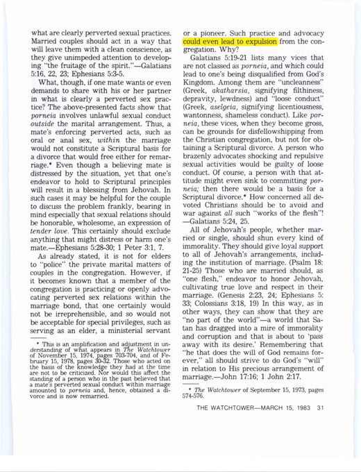 The Watchtower, March 15, 1983, p. 31 describing "oral or anal sex within the marriage" as conduct that "could even lead to expulsion from the congregation." Quoted in