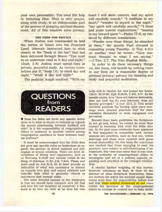 The Watchtower, February 15, 1978, pp. 30–32, "Questions From Readers" ("...these are matters for which the married couple themselves must bear the responsibility before God... do not come within the province of the congregational elders to attempt to control nor to take disfellowshiping action")