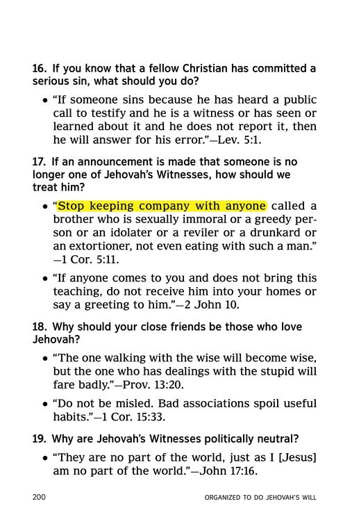 "Keep Yourselves in God's Love," Appendix, "How to Treat a Disfellowshipped Person," pp. 207–209, quoting 1 Corinthians 5:11 and 2 John 10-11, including the "normal day-to-day family activities may continue" household provision, the counsel that contact with a removed relative outside the home be "kept to a minimum," and the warning that "a simple 'Hello'... can be the first step."
