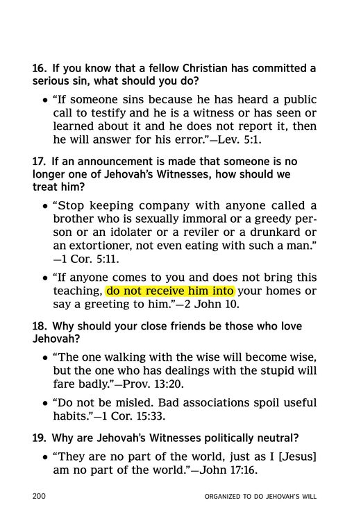 "Keep Yourselves in God's Love," Appendix, "How to Treat a Disfellowshipped Person," pp. 207–209, quoting 1 Corinthians 5:11 and 2 John 10-11, including the "normal day-to-day family activities may continue" household provision, the counsel that contact with a removed relative outside the home be "kept to a minimum," and the warning that "a simple 'Hello'... can be the first step."