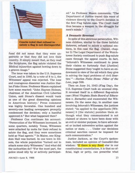 West Virginia State Board of Education v. Barnette, 319 U.S. 624 (1943) (Jackson, J.), decided June 14, 1943 (Flag Day), 6–3, overruling Gobitis