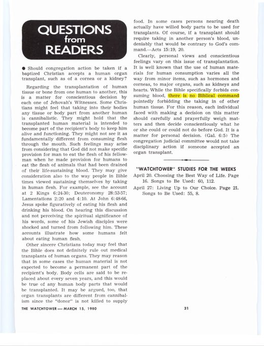 The Watchtower, March 15, 1980, p. 31, "Questions From Readers" (reversing the ban stated in The Watchtower, November 15, 1967, pp. 702–704)