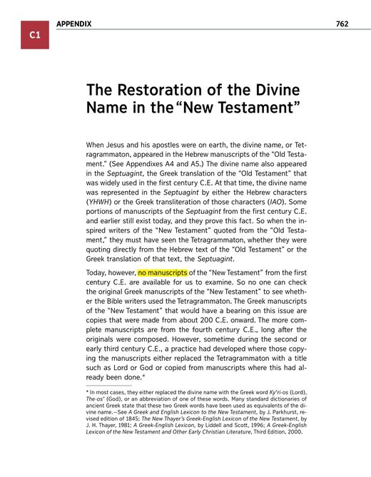 New World Translation, "The Divine Name in the New Testament"