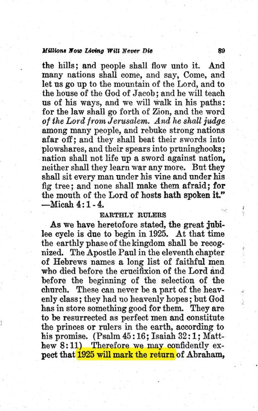 J. F. Rutherford, Millions Now Living Will Never Die (1920), p. 89