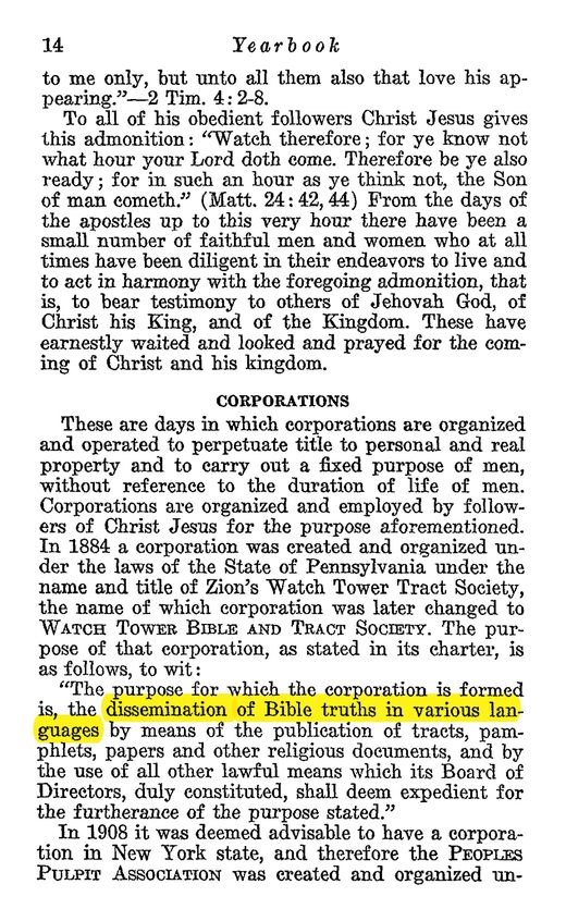 1941 Yearbook of Jehovah's Witnesses, "Corporations," p. 15 (quoting the 1884 charter of the Watch Tower Bible and Tract Society of Pennsylvania)