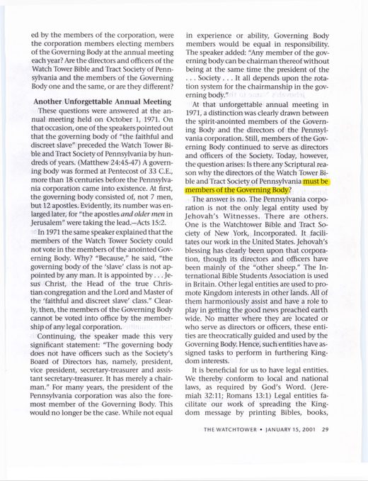 The Watchtower, January 15, 2001, p. 29, "How the Governing Body Differs From a Legal Corporation"