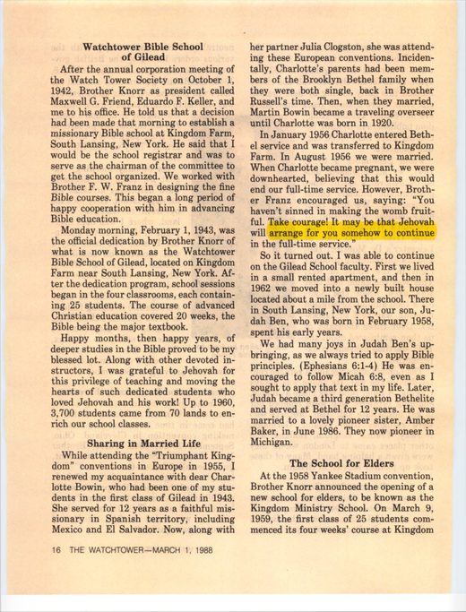 "My Life in Jehovah's Spirit-Directed Organization" (Albert Schroeder autobiography), The Watchtower, March 1, 1988, p. 27