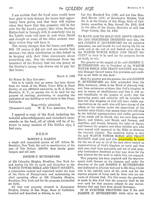 Beth Sarim deed, published in The Golden Age, March 19, 1930