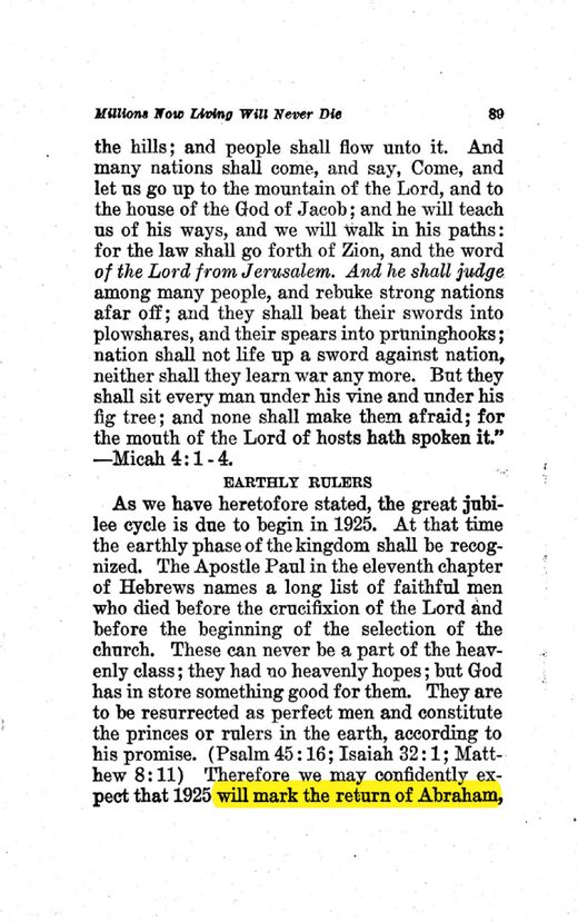 J. F. Rutherford, Millions Now Living Will Never Die (1920), p. 89