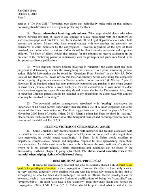 Letter to All Bodies of Elders (child sexual abuse), October 1, 2012, p. 5, par. 22