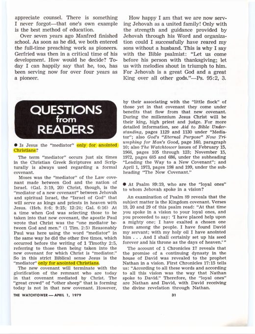 "Questions From Readers," The Watchtower, April 1, 1979, p. 31