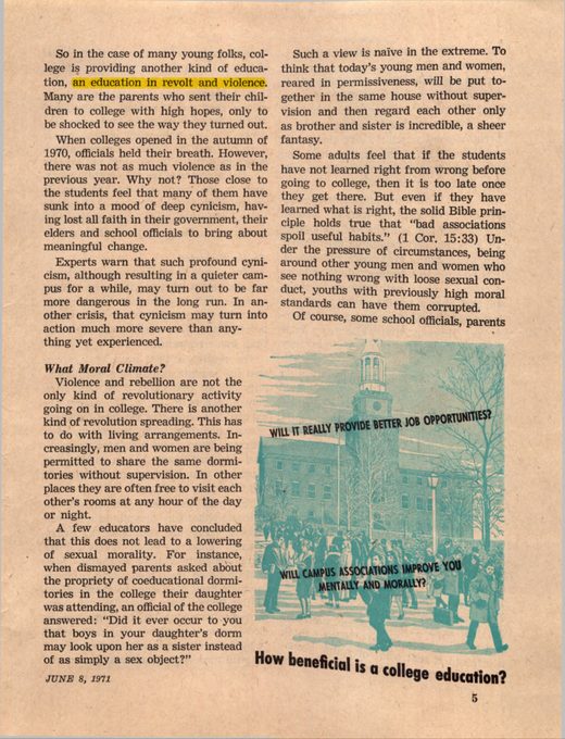 Awake!, June 8, 1971, “Second Thoughts About a College Education,” p. 13