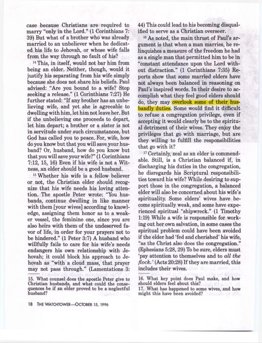 The Watchtower, October 15, 1996, “Husband and Elder—Balancing the Responsibilities,” p. 17