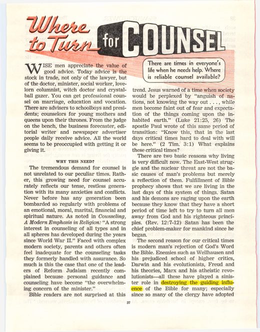 The Watchtower, January 15, 1963, p. 37 ("Where to Turn for Counsel")