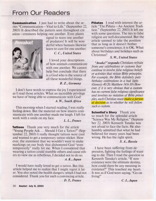 Awake!, July 8, 2004, p. 30, "From Our Readers"