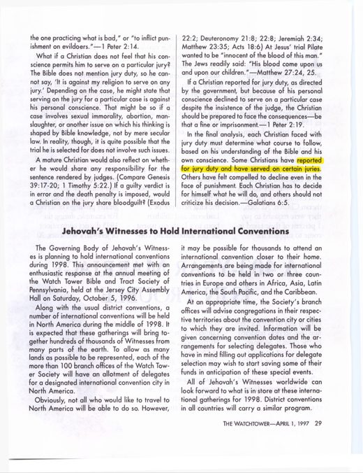 The Watchtower, April 1, 1997, "Should a Christian Serve on a Jury?" p. 27