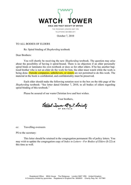 Letter to All Bodies of Elders, October 7, 2010 (Re: spiral binding of ks10)
