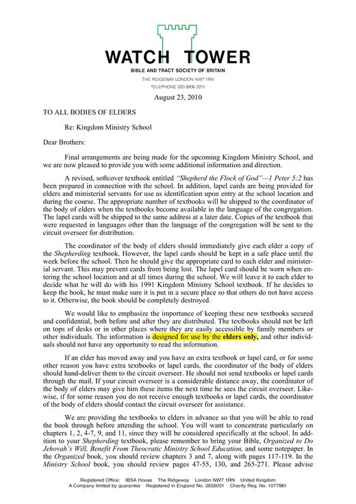 Letter to All Bodies of Elders, August 23, 2010 (Re: Kingdom Ministry School)